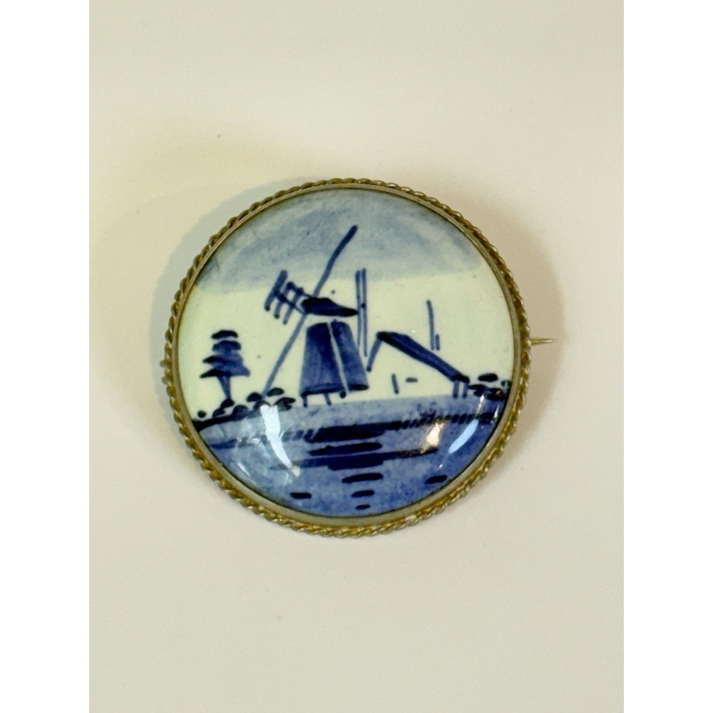 Vintage Delft Blue White Dutch Windmill Porcelain Brooch Pin 835 Silver Holland